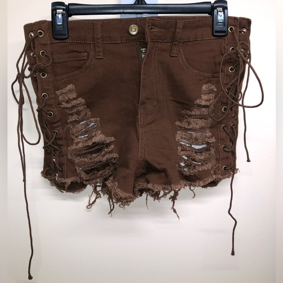 Y2K shorts, ripped brown denim shorts with ties on both sides - Picture 1 of 6